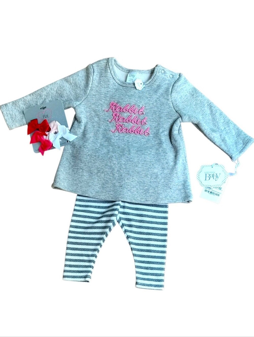 Nordstrom Baby Girl Mist Heather 2 Pc Set With Hair Bows Size 6 Months NWT